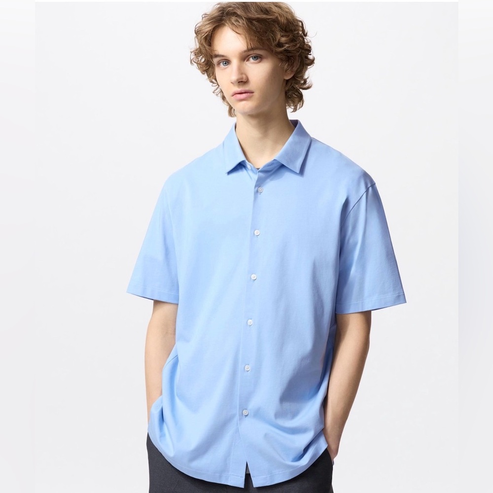 UNIQLO AIRism Cotton Short Sleeve Polo Button Down Shirt Light Sky Blue S Preppy